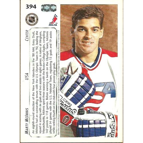 Upper Deck 1992 NHL Hockey Trading Card #394 Marty McInnis #28 Team USA Center