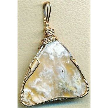White Plume Agate Bronze Wire Wrap Gemstone Pendant 23