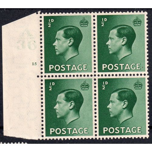 sg457 1/2d green A36 15 no dot control un mounted mint block of 4 (G126)