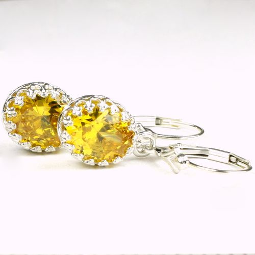 Golden Yellow CZ, 925 Sterling Silver Crown Bezel Leverback Earrings, SE109