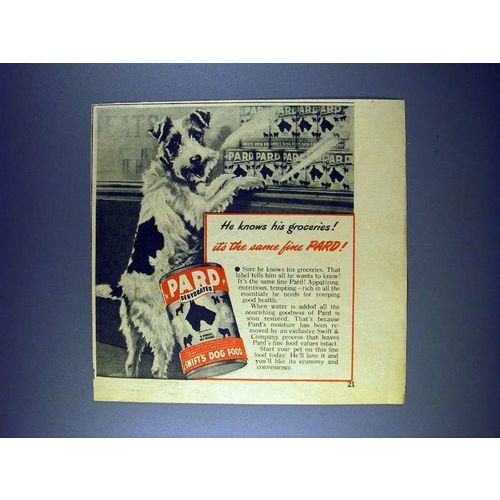 1944 Pard Dog Food Ad - Knows His Groceries!