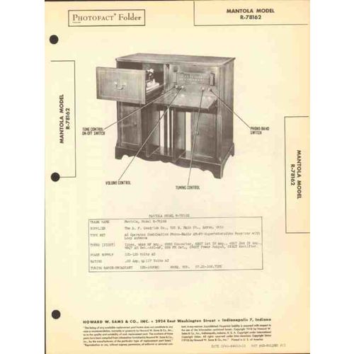 MANTOLA model R-78162 8 tube AM FM phonograph Sams Photofact manual