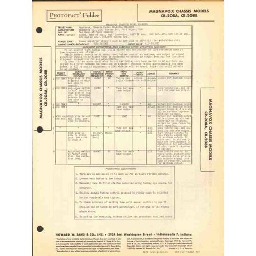 MAGNAVOX models CR-208A -208B 2 band AM SW tuner Sams Photofact manual