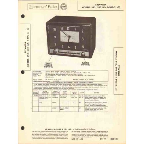 SYLVANIA model 543 593 AM radio receiver clock Sams Photofact manual