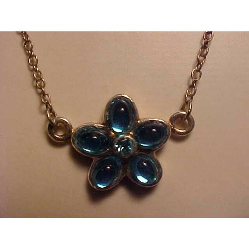 Aqua Crystal Flower Pendant Silver Cable Chain Necklace 18"