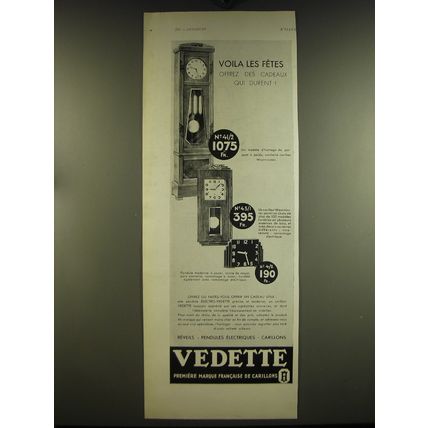 1932 Vedette Clocks Ad - in French - Voila les fetes offrez des cadeaux