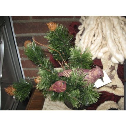 Santa Claus Doll in Burgundy Outfit w/very long cap, bird and evergreens