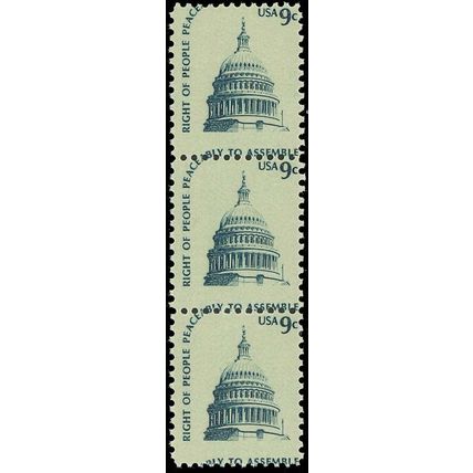 1591, MNH 9¢ U.S. Capital Misperforation ERROR Strip of 3 Stamps - Stuart Katz