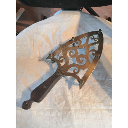Antique/Vintage Wood & Solid Brass Iron Shape Stand/Trivet - Decor