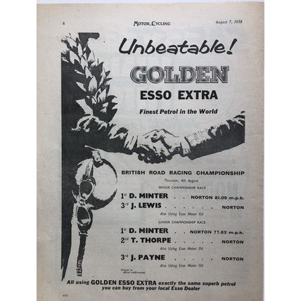 ESSO GOLDEN EXTRA D MINTER J LEWIS 1958 VINTAGE MOTORCYCLE PETROL ADVERT