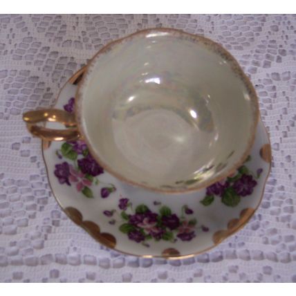 Purple Violets Footed Teacup & Saucer Made in Japan Iridescent Cup Gold Gilded