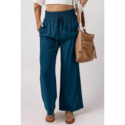 Blue Drawstring Elastic Waist Casual Wide Leg Pants
