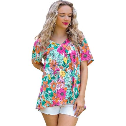 Multicolor Floral Print Short Sleeve Babydoll Blouse