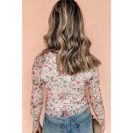 Pink Floral Long Sleeve High Neck Sheath Mesh Blouse