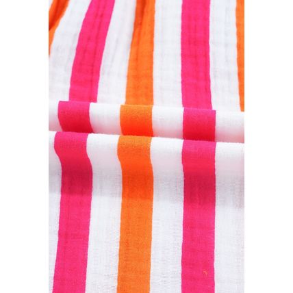 Orange Stripe Balloon Sleeve Notched V Neck Buttoned Front Blouse