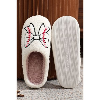 White Bow Knot Rugby Pattern Plush Warm Slippers
