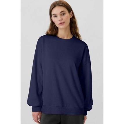 Navy Blue Solid Fleece Lined Drop Shoulder High Low Sweatshirt