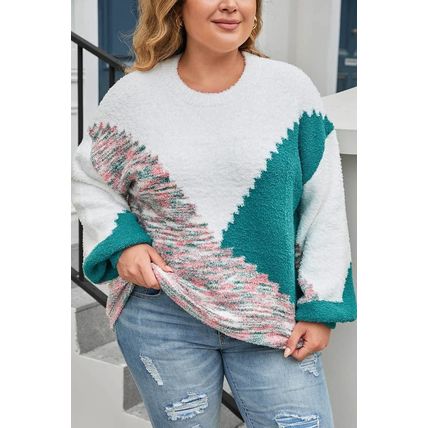 Multicolor Scalloped Color Block Plus Size Sweater