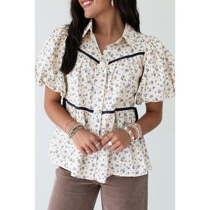 White Contrast Trim Floral Puff Short Sleeve Shirt