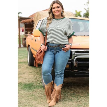 Green Stripe Trimmed Round Neck Plus Size Boxy Fit T-shirt