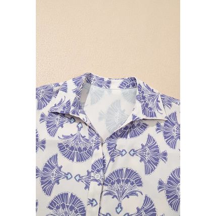 Sky Blue Printed Shirt Collar Half Button A-line Mini Dress