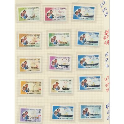 1981 Royal Wedding Specimens, MNH, 27 Stamps, 9 Countries, Kiribati/Nevis/Etc.