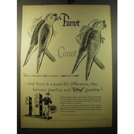 1950 Ethyl Gasoline Ad - Parrot Carrot