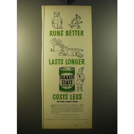 1950 Quaker State Motor Oil Ad - Runs better lasts longer