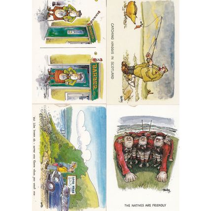 Scottish Barber Loch Ness Haggis Rugby 4x Comic Postcard s