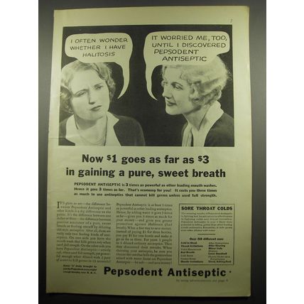 1932 Pepsodent Antiseptic Ad - I often wonder whether I have Halitosis