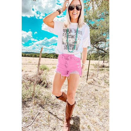 Pink High Rise Crossover Waist Denim Shorts