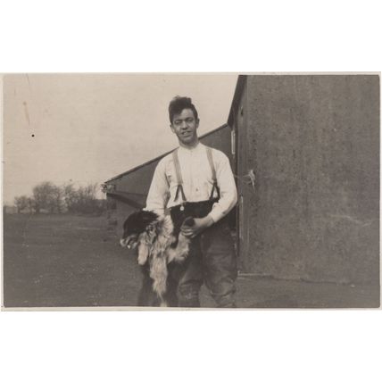 Cruel French Man in Braces Forcing Dog To Wave Antique Postcard