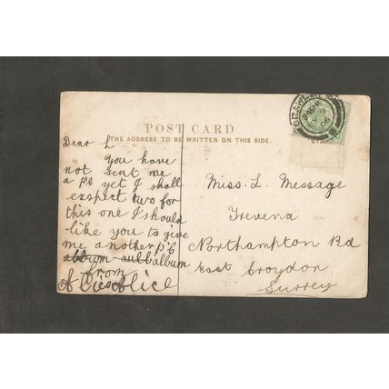 Genealogy Postcard Miss L Message Trevena Northampton Road Croydon Surrey 1906