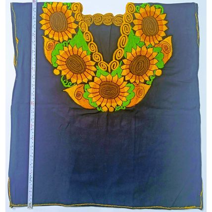 Sunflowers Embroidered Cotton Canvas Dark Navy Blue Blouse Chiapas Mexico