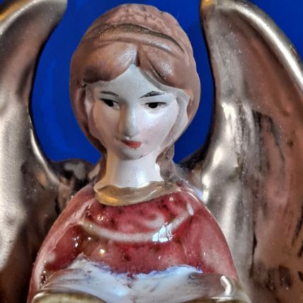 ANGEL READING BOOK BELL Figurine Christmas Deco Gold Accents 6"