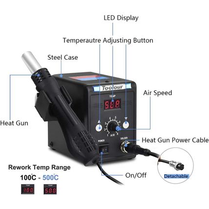 Hot Air Rework Station Solder Heat Gun,°F/°C Display,110V SMD Hot Air Gun,Temp.