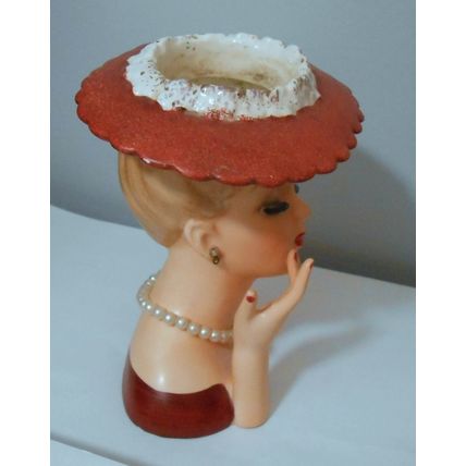 Vintage 1950's Napcoware Lady Head Vase Red Hat & Dress C3307