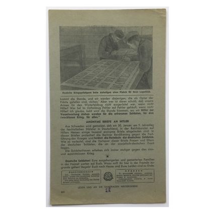 Original WW2 Soviet/Russian Air Drop Propaganda Leaflet. - Code 820. - 1942.