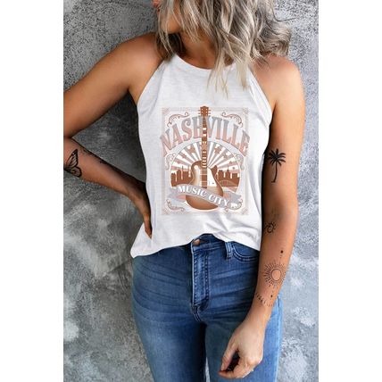 White NASHVILLE MUSIC CITY Guitar Graphic Tank Top