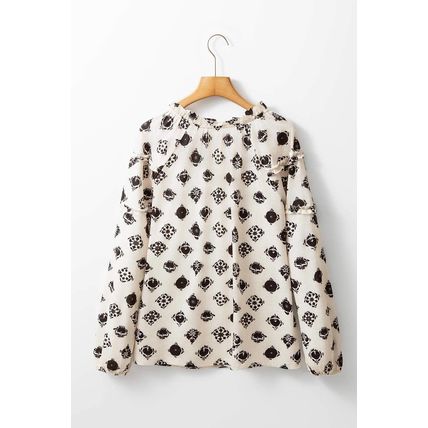 White Printed Split Neck Bubble Sleeve Loose Blouse