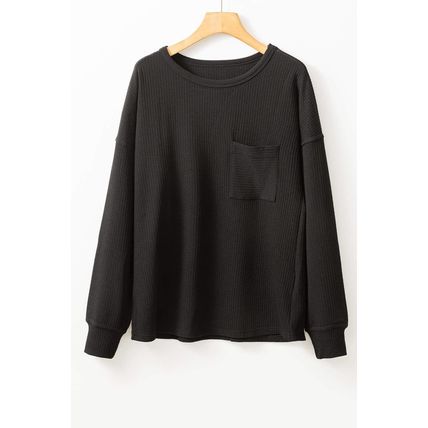 Black Solid Color Corded Drop Shoulder Long Sleeve Top
