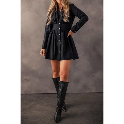 Black Elastic Cinched High Waist Long Sleeve Shirt Mini Dress