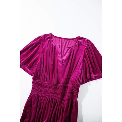 Red Dahlia Velvet Short Sleeve Shirred Waist Tiered Maxi Dress