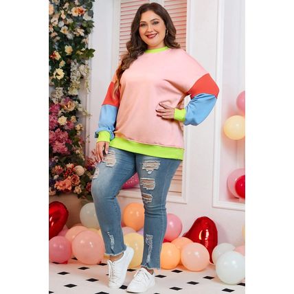 Light Pink Plus Size Colorblock Patchwork Crew Neck Sweatshirt