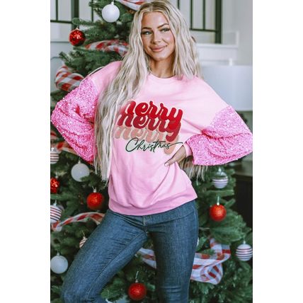Pink Merry Christmas Graphic Sequin Sleeve Patchwork Top