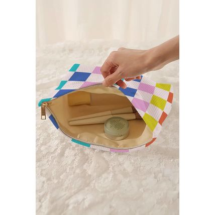 Pink Color Block Checkered Zipper Corduroy Cosmetic Bag