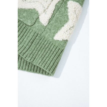 Green Sherpa Star Pattern Textured Sweater Cardigan with Pockets