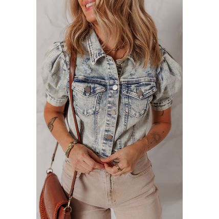 Beau Blue Light Wash Buttoned Chest Pocket Puff Sleeve Denim Jacket