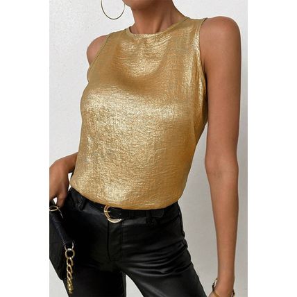 Gold Metal Textured Round Neck Casual Tank Top