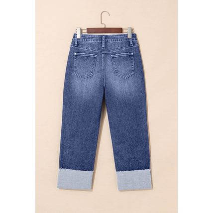 Real Teal Folded Cuffs Distressed Straight High Waist Jeans